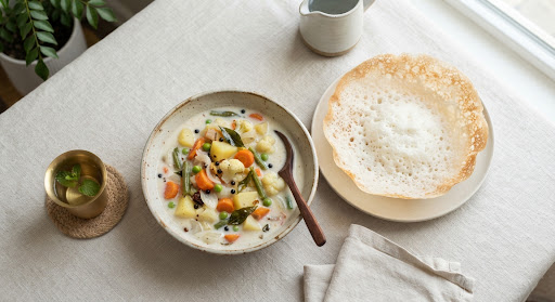 Appam with a bowl of coconut vegetable stew