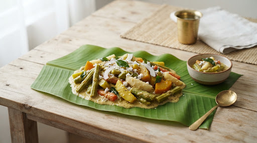 Traditional Kerala avial served on a banana leaf