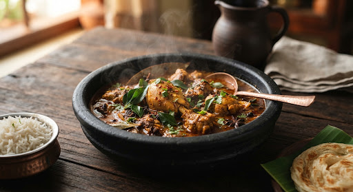 Chettinad chicken curry in a black stone bowl