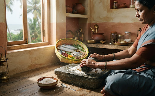 A home cook preparing food in a sunlit coastal kitchen