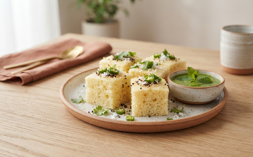 Khaman dhokla with green chutney