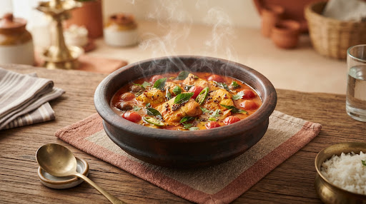 Kerala fish curry simmering in a traditional clay pot