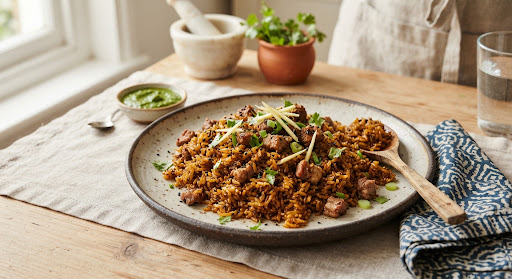 Khasi jadoh rice served on a ceramic plate