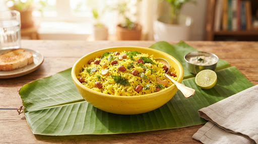 Bright yellow lemon rice on a banana leaf