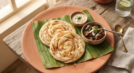 Layered Malabar parotta served on a banana leaf