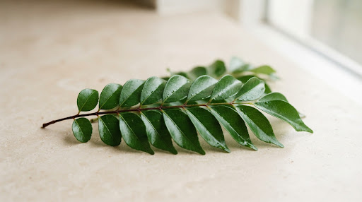 A fresh branch of glossy green curry leaves