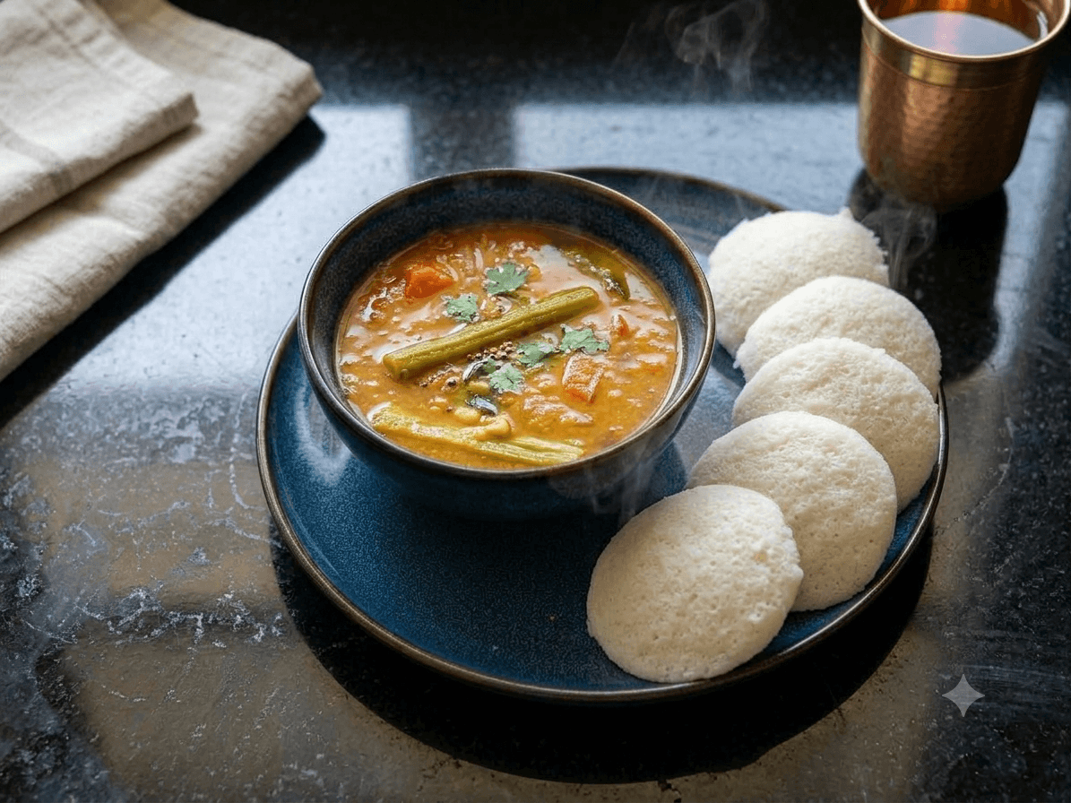 Soft idlis served with South Indian tiffin sambar and coconut chutney