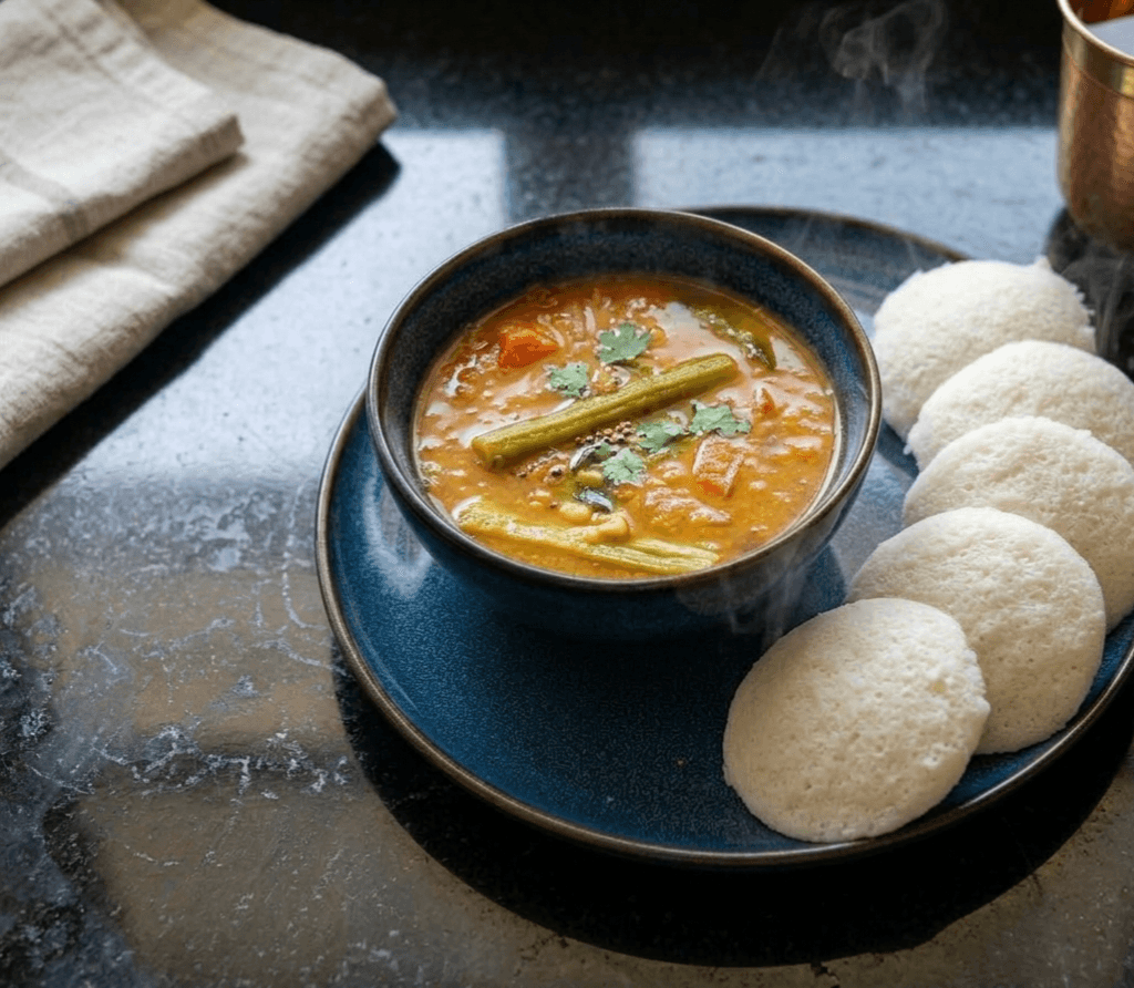 Soft idlis served with South Indian tiffin sambar and coconut chutney