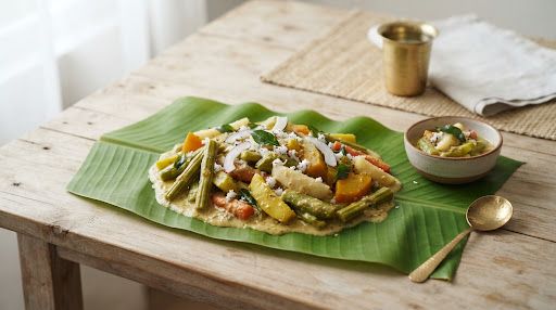 Traditional Kerala avial served on a banana leaf
