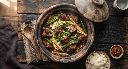 Smoked pork with bamboo shoot and green chillies in a rustic clay pot